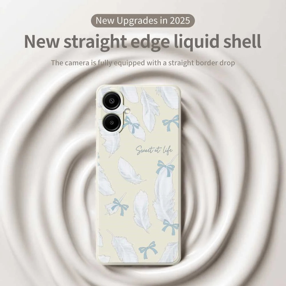 For Samsung Galaxy A08 5G / A08 4G / A07 5G / A07 4G Case White Feathers Pattern Printing Straight Edge TPU Phone Back Cover - Beige - 3