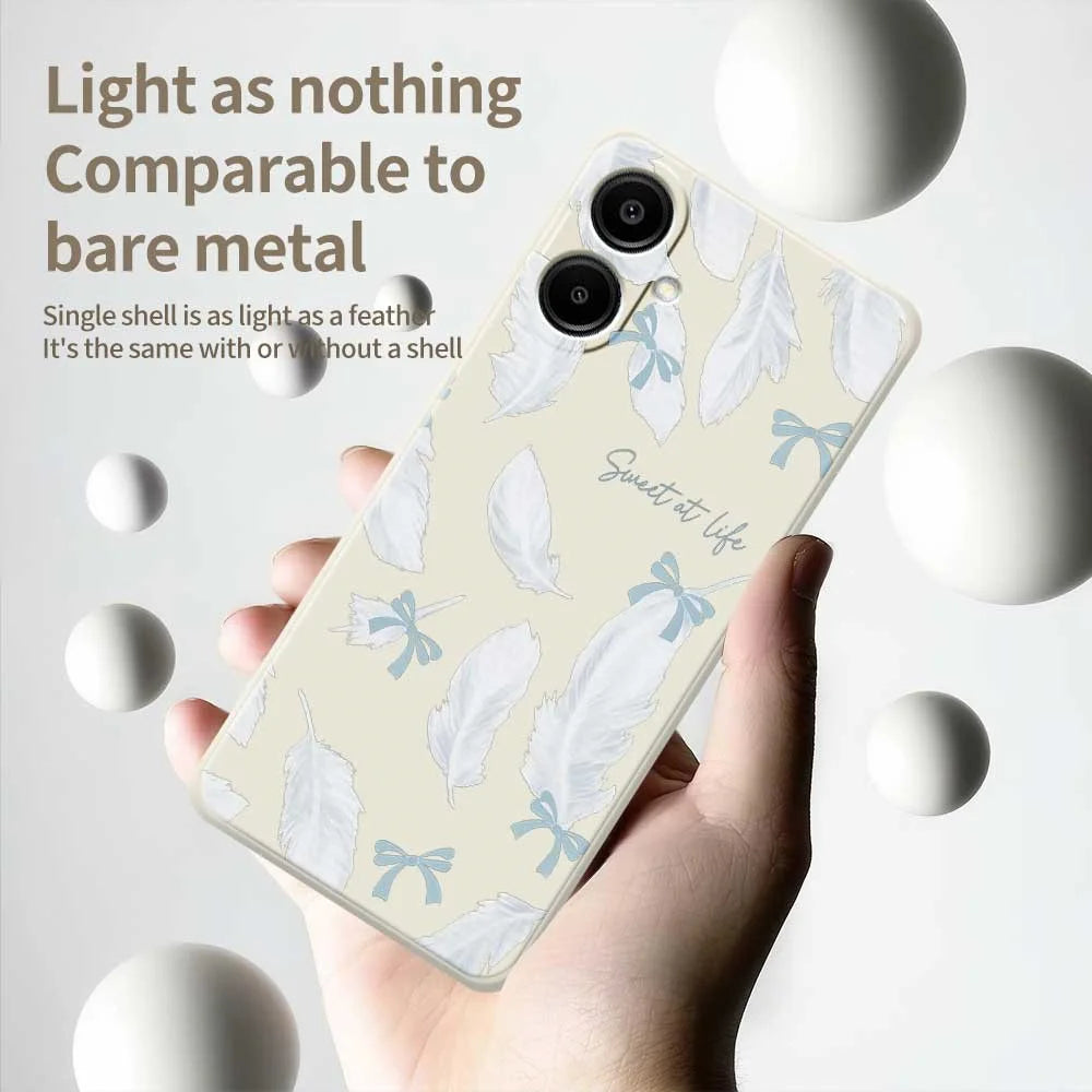 For Samsung Galaxy A08 5G / A08 4G / A07 5G / A07 4G Case White Feathers Pattern Printing Straight Edge TPU Phone Back Cover - Beige - 4