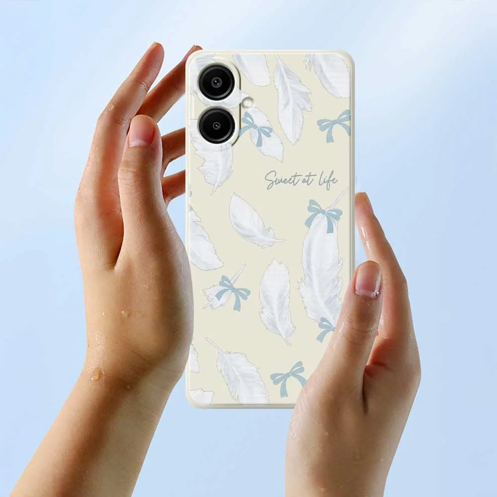 For Samsung Galaxy A08 5G / A08 4G / A07 5G / A07 4G Case White Feathers Pattern Printing Straight Edge TPU Phone Back Cover - Beige - 6