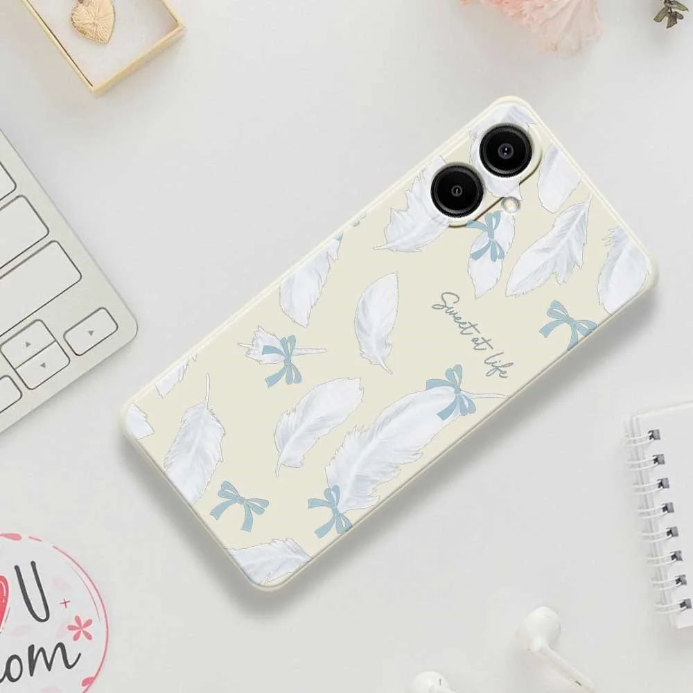 For Samsung Galaxy A08 5G / A08 4G / A07 5G / A07 4G Case White Feathers Pattern Printing Straight Edge TPU Phone Back Cover - Beige - 7