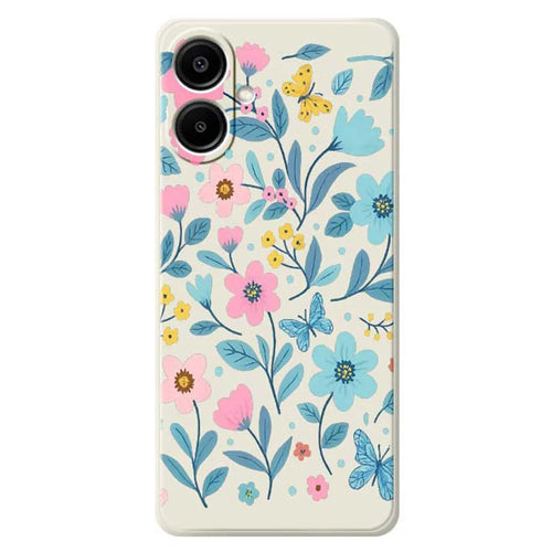 For Samsung Galaxy A08 5G / A08 4G / A07 5G / A07 4G Case Blue Pink Flowers Pattern Printing Straight Edge TPU Phone Back Cover - Beige - 1