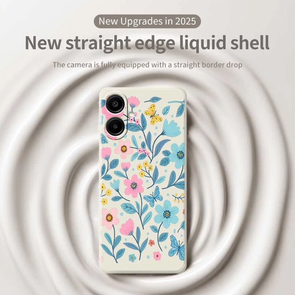 For Samsung Galaxy A08 5G / A08 4G / A07 5G / A07 4G Case Blue Pink Flowers Pattern Printing Straight Edge TPU Phone Back Cover - Beige - 3