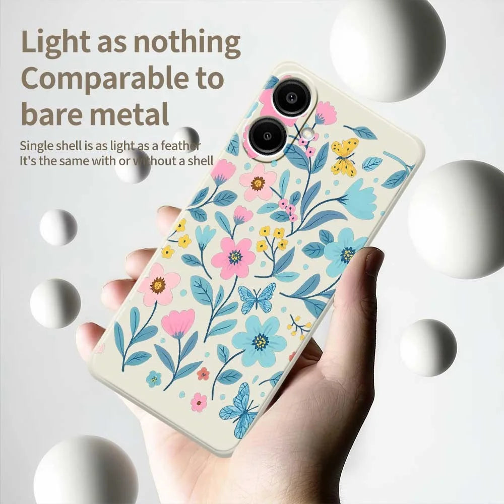For Samsung Galaxy A08 5G / A08 4G / A07 5G / A07 4G Case Blue Pink Flowers Pattern Printing Straight Edge TPU Phone Back Cover - Beige - 4
