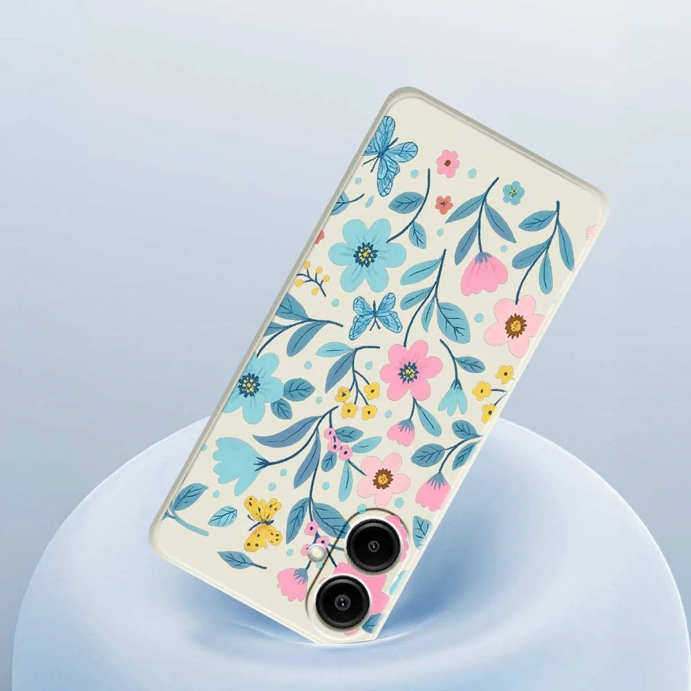 For Samsung Galaxy A08 5G / A08 4G / A07 5G / A07 4G Case Blue Pink Flowers Pattern Printing Straight Edge TPU Phone Back Cover - Beige - 5