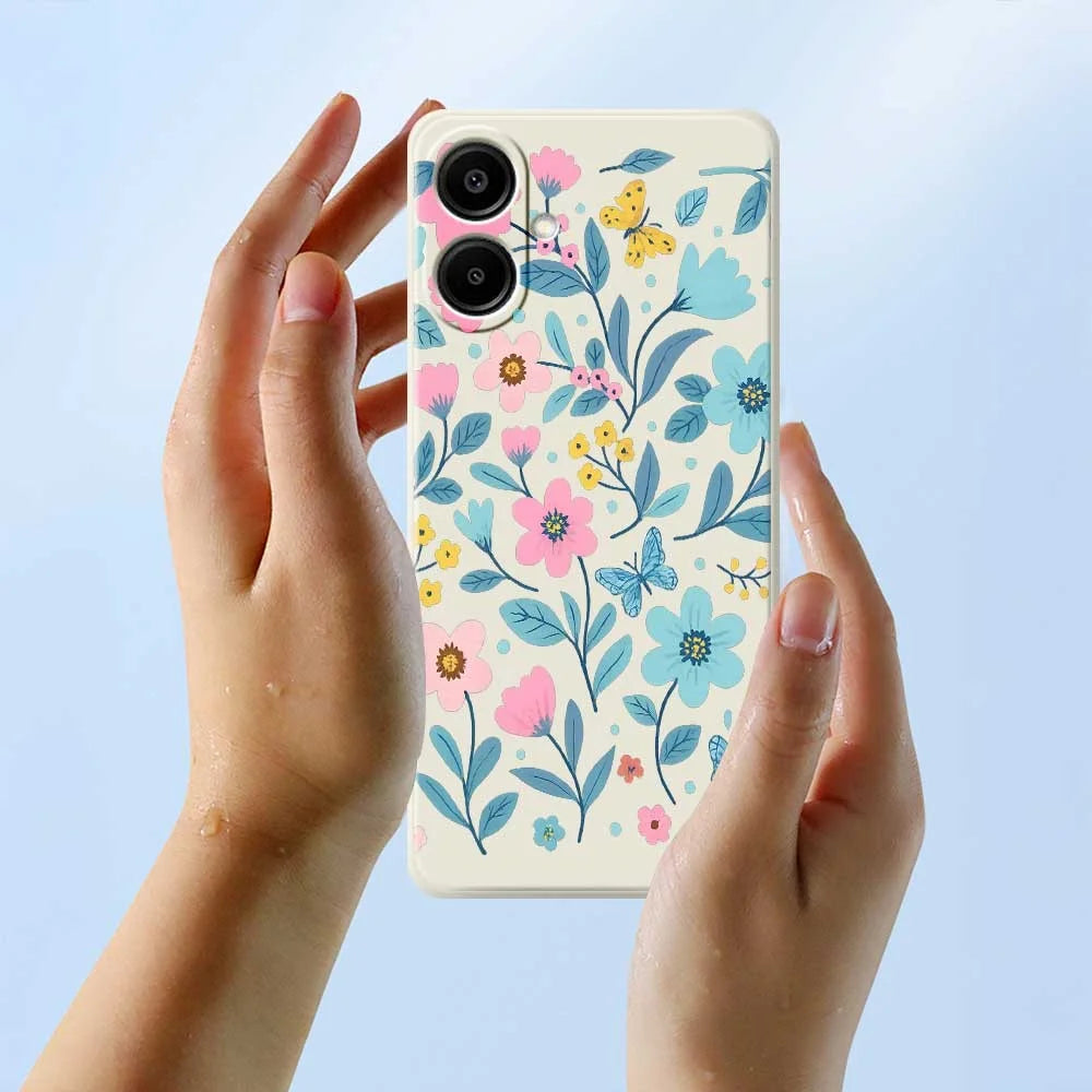 For Samsung Galaxy A08 5G / A08 4G / A07 5G / A07 4G Case Blue Pink Flowers Pattern Printing Straight Edge TPU Phone Back Cover - Beige - 6