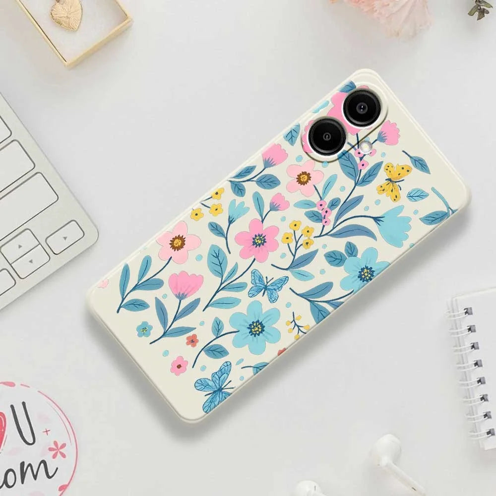 For Samsung Galaxy A08 5G / A08 4G / A07 5G / A07 4G Case Blue Pink Flowers Pattern Printing Straight Edge TPU Phone Back Cover - Beige - 7