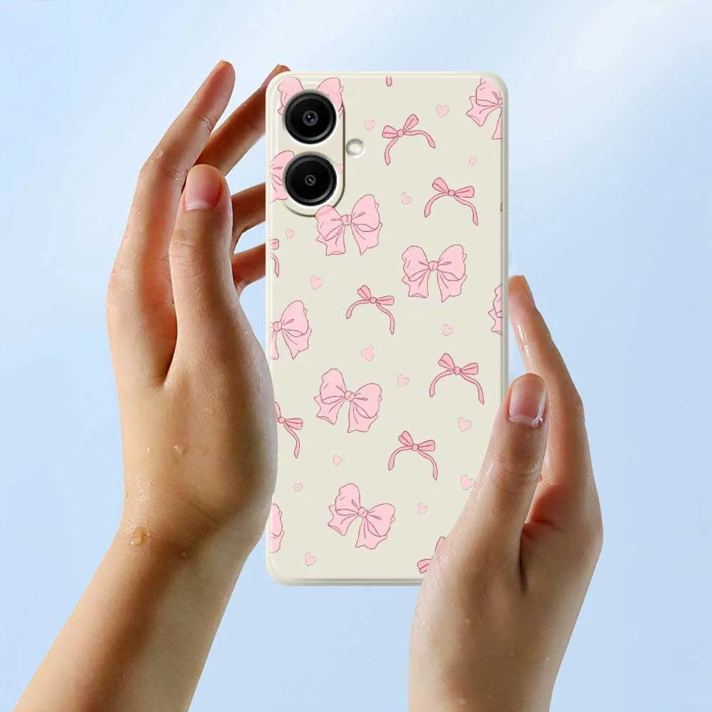 For Samsung Galaxy A08 5G / A08 4G / A07 5G / A07 4G Case Pink Bow Love Pattern Printing Straight Edge TPU Phone Back Cover - Beige - 6