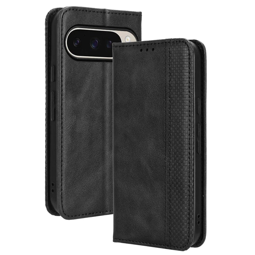 For Google Pixel 10 / Google Pixel 10 Pro Leather Case Wallet Stand Retro Texture Phone Cover - Black - 1