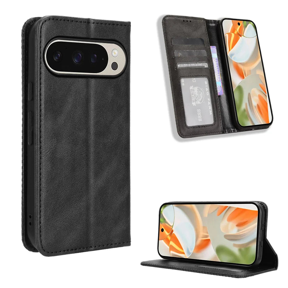 For Google Pixel 10 Pro XL Leather Case Wallet Stand Retro Texture Phone Cover - Black - 1