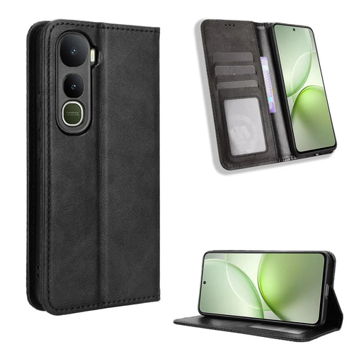 For vivo Y400 5G / vivo Y400 4G Leather Case Wallet Stand Retro Texture Phone Cover - Black - 1