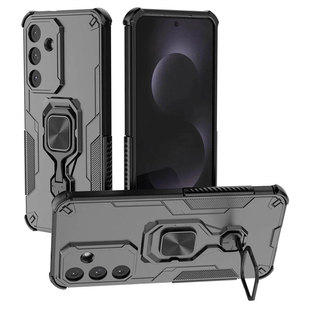 For Samsung Galaxy S25 FE Case Rotatable Ring Kickstand PC + TPU Shockproof Phone Cover - Black - 1
