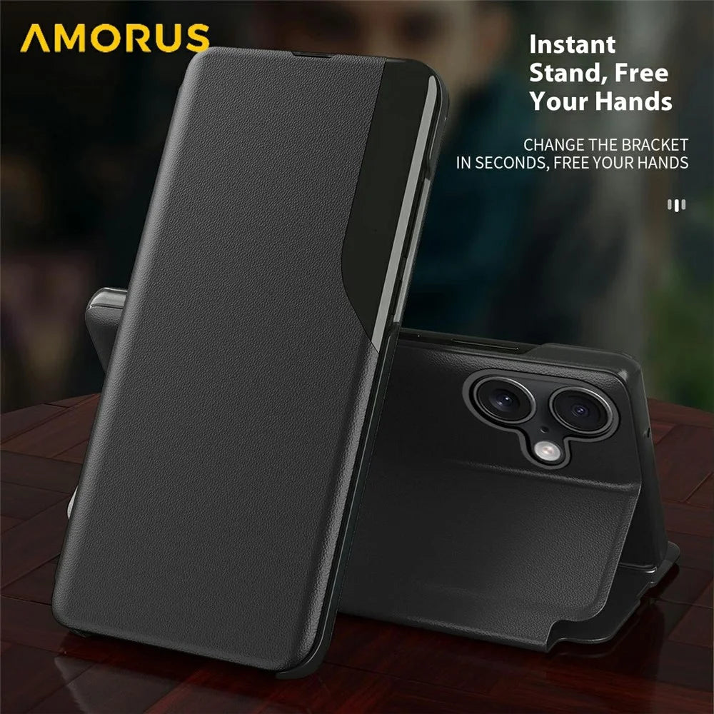AMORUS For iPhone 17 Case Folio Flip Stand PU Leather Phone Cover - Black - 3