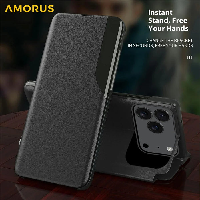 AMORUS For iPhone 17 Pro Max Case Folio Flip Stand PU Leather Phone Cover - Black - 3