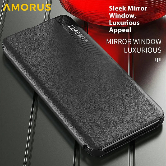 AMORUS For Samsung Galaxy S25 Case View Window Stand PU Leather Phone Cover - Black - 4