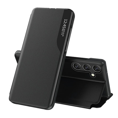 AMORUS For Samsung Galaxy S25+ Case View Window Stand PU Leather Phone Cover - Black - 1