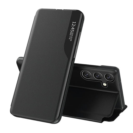 AMORUS For Samsung Galaxy S25+ Case View Window Stand PU Leather Phone Cover - Black - 1