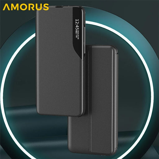 AMORUS For Samsung Galaxy S25+ Case View Window Stand PU Leather Phone Cover - Black - 2