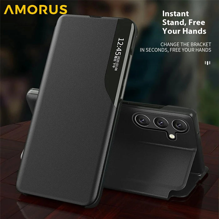 AMORUS For Samsung Galaxy S25+ Case View Window Stand PU Leather Phone Cover - Black - 3