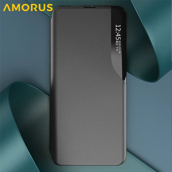 AMORUS For Samsung Galaxy S25+ Case View Window Stand PU Leather Phone Cover - Black - 5