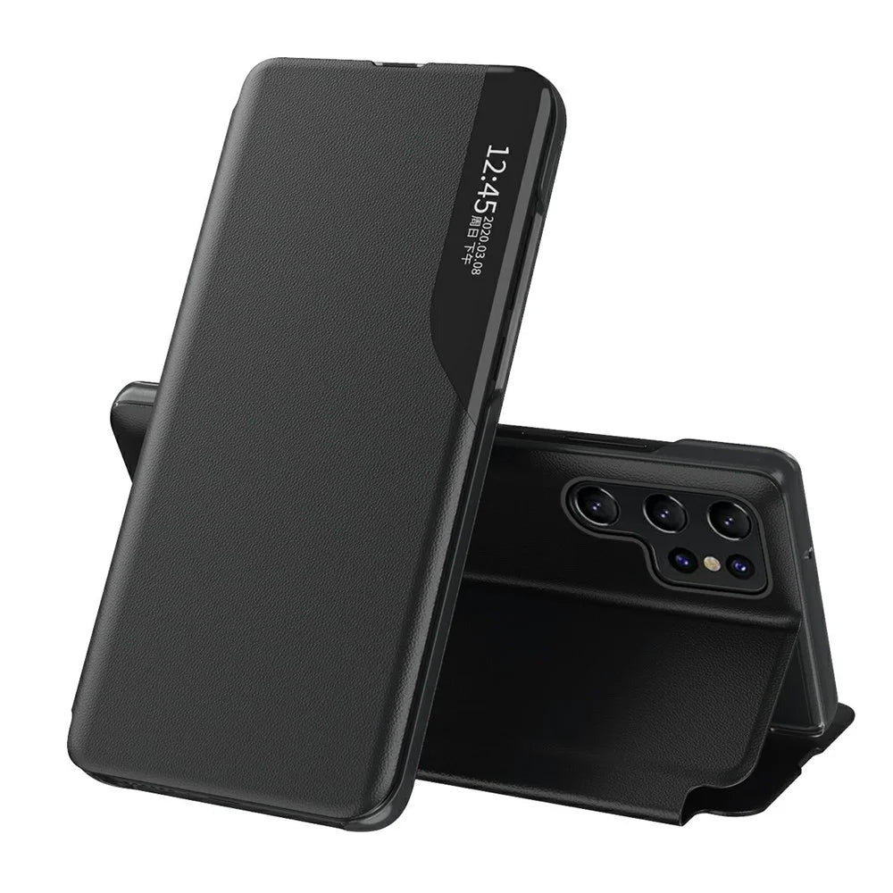 AMORUS For Samsung Galaxy S25 Ultra Case View Window Stand PU Leather Phone Cover - Black - 1
