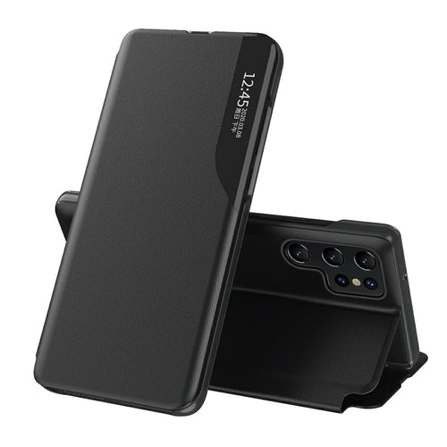 AMORUS For Samsung Galaxy S25 Ultra Case View Window Stand PU Leather Phone Cover - Black - 1