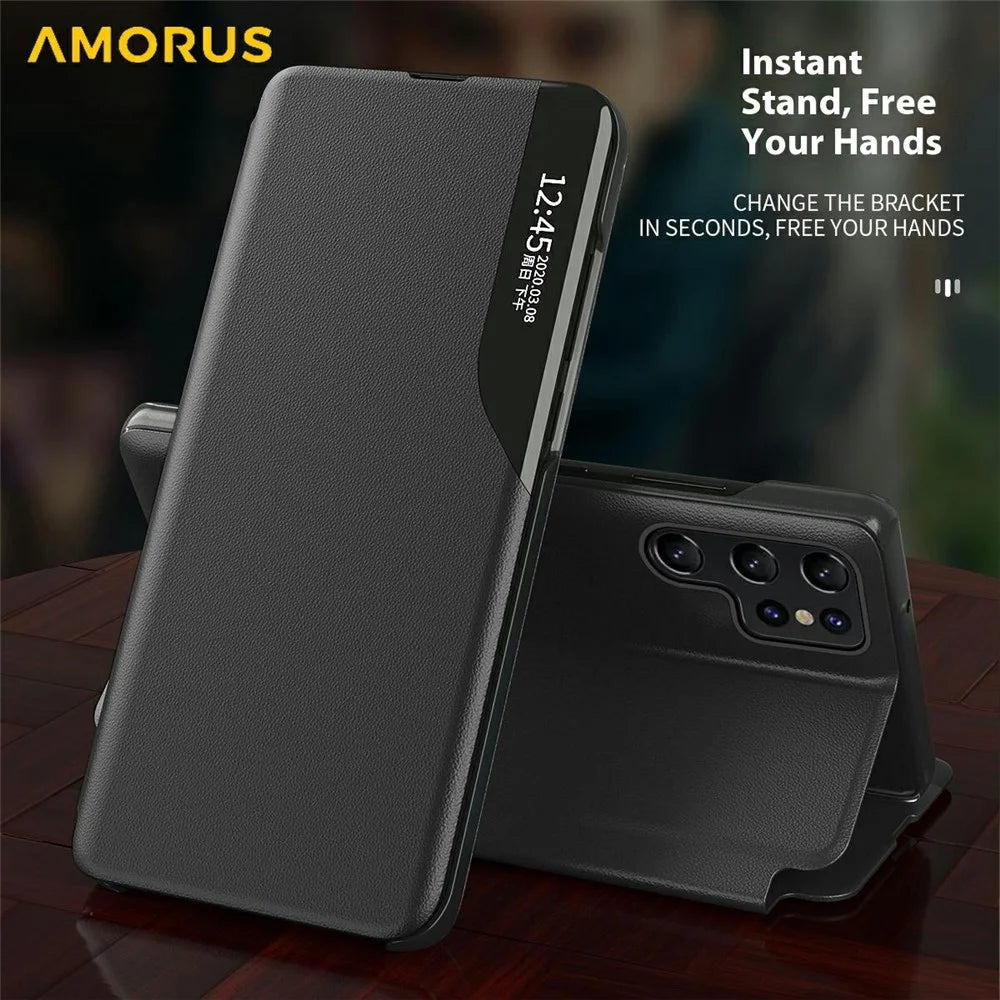 AMORUS For Samsung Galaxy S25 Ultra Case View Window Stand PU Leather Phone Cover - Black - 3