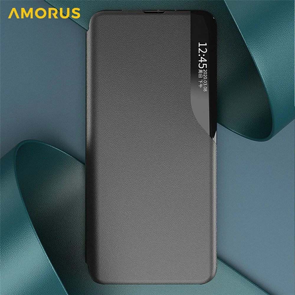 AMORUS For Samsung Galaxy S25 Ultra Case View Window Stand PU Leather Phone Cover - Black - 5