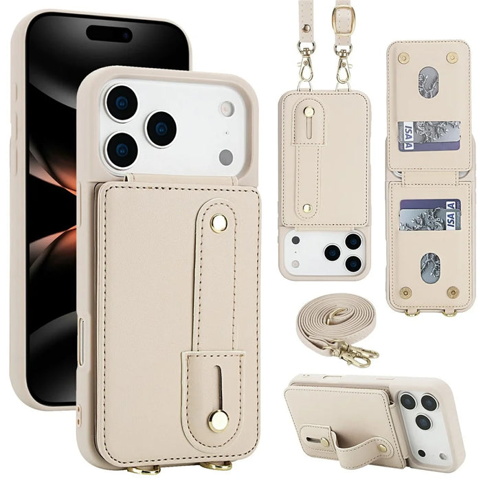 For iPhone 18 Pro Max / 17 Pro Max Case Kickstand Card Slots Leather Coated TPU Cover with Shoulder Strap - Beige - 1