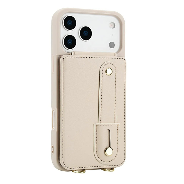 For iPhone 18 Pro Max / 17 Pro Max Case Kickstand Card Slots Leather Coated TPU Cover with Shoulder Strap - Beige - 5