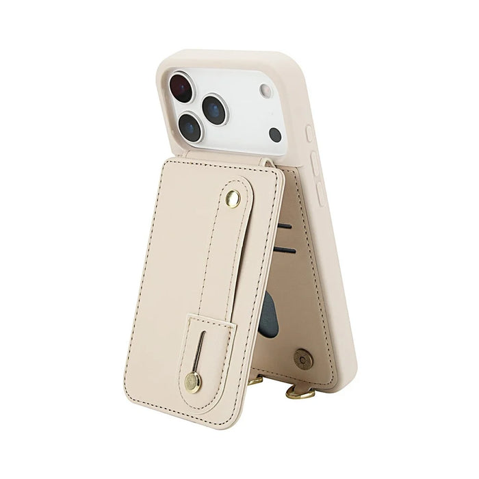 For iPhone 18 Pro / 17 Pro Case Kickstand Card Slots Leather Coated TPU Cover with Shoulder Strap - Beige - 3
