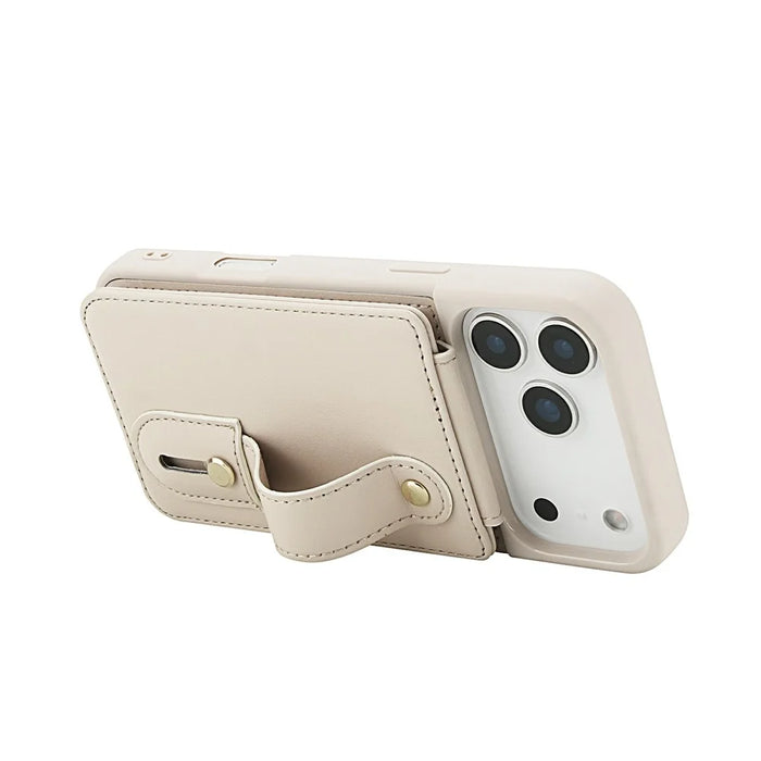 For iPhone 18 Pro / 17 Pro Case Kickstand Card Slots Leather Coated TPU Cover with Shoulder Strap - Beige - 4