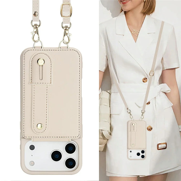 For iPhone 18 Pro / 17 Pro Case Kickstand Card Slots Leather Coated TPU Cover with Shoulder Strap - Beige - 6