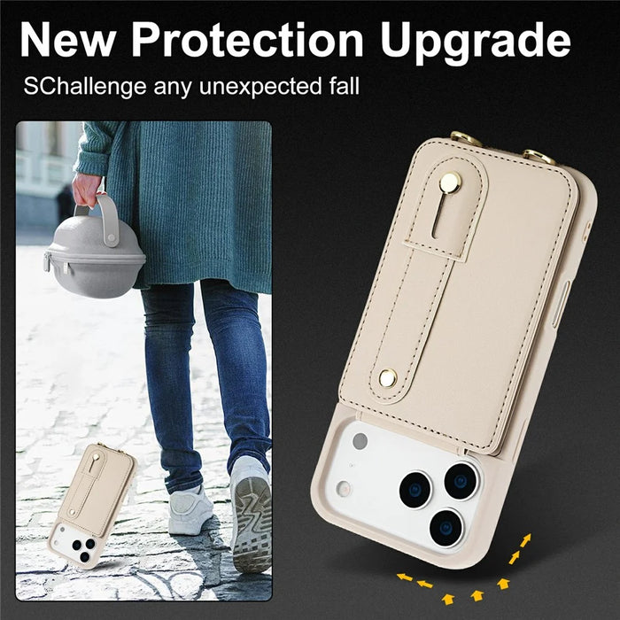 For iPhone 18 Pro / 17 Pro Case Kickstand Card Slots Leather Coated TPU Cover with Shoulder Strap - Beige - 7