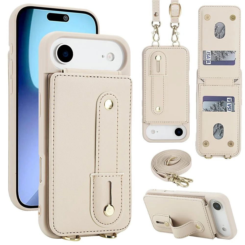 For iPhone Air Case Kickstand Card Slots Leather Coated TPU Cover with Shoulder Strap - Beige - 1