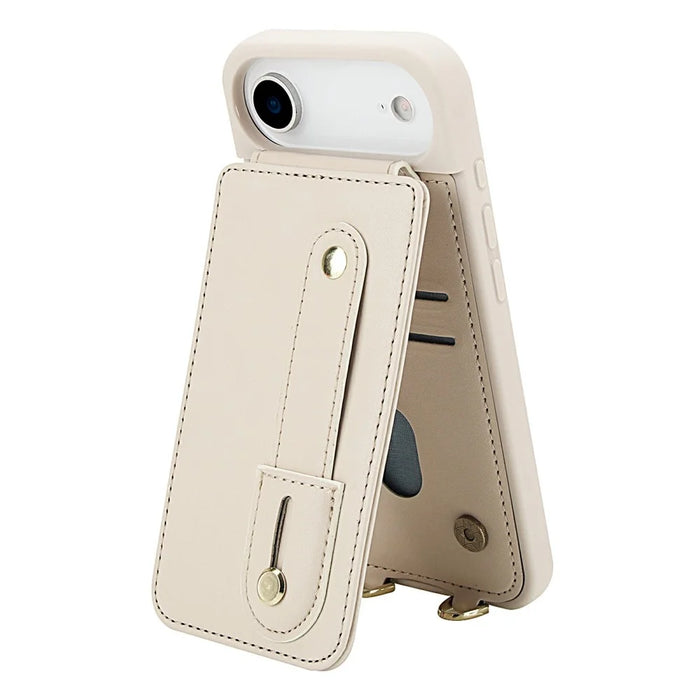 For iPhone Air Case Kickstand Card Slots Leather Coated TPU Cover with Shoulder Strap - Beige - 3