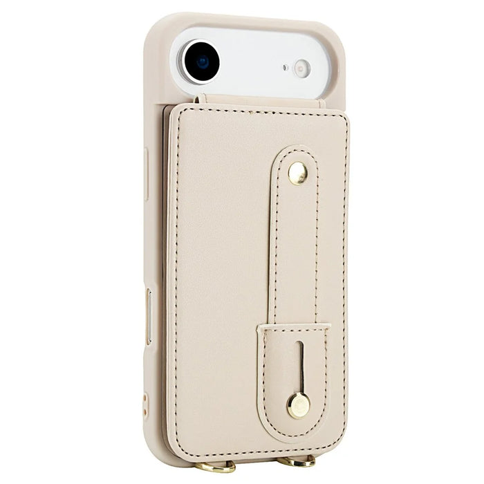 For iPhone Air Case Kickstand Card Slots Leather Coated TPU Cover with Shoulder Strap - Beige - 5
