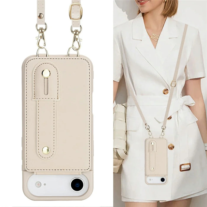 For iPhone Air Case Kickstand Card Slots Leather Coated TPU Cover with Shoulder Strap - Beige - 6