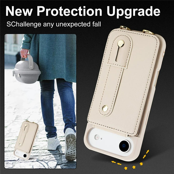 For iPhone Air Case Kickstand Card Slots Leather Coated TPU Cover with Shoulder Strap - Beige - 7