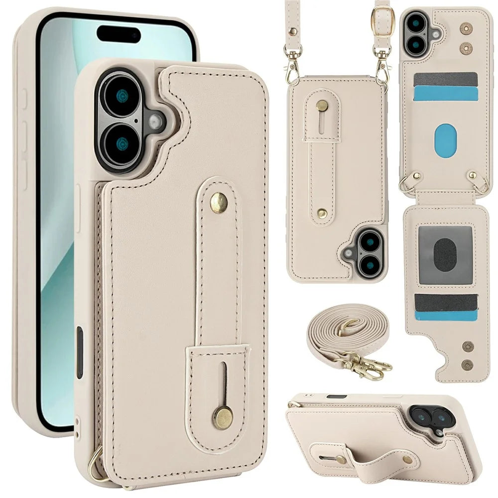 For iPhone 17 Case Kickstand Card Slots Leather Coated TPU Cover with Shoulder Strap - Beige - 1