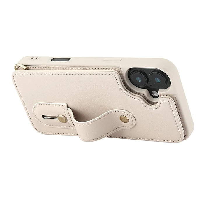For iPhone 17 Case Kickstand Card Slots Leather Coated TPU Cover with Shoulder Strap - Beige - 4