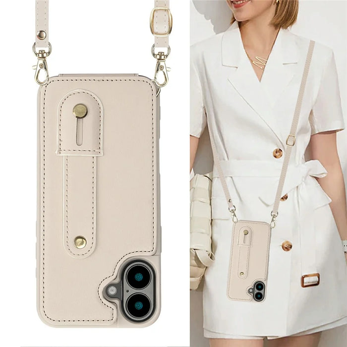 For iPhone 17 Case Kickstand Card Slots Leather Coated TPU Cover with Shoulder Strap - Beige - 7