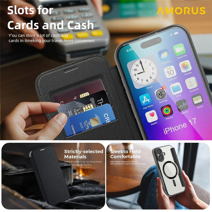 AMORUS For iPhone 17 Case Compatible with MagSafe RFID Blocking Card Holder Leather Phone Cover - Black - 3