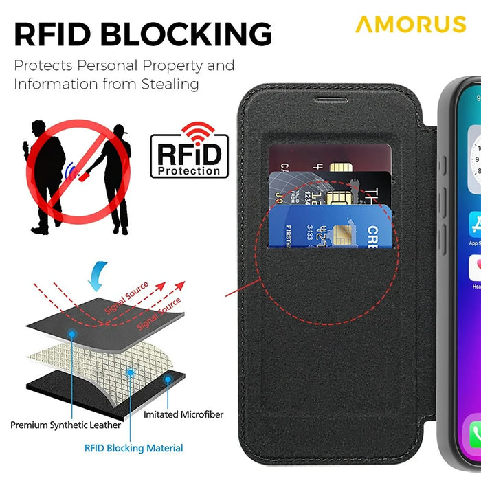 AMORUS For iPhone 17 Case Compatible with MagSafe RFID Blocking Card Holder Leather Phone Cover - Black - 4