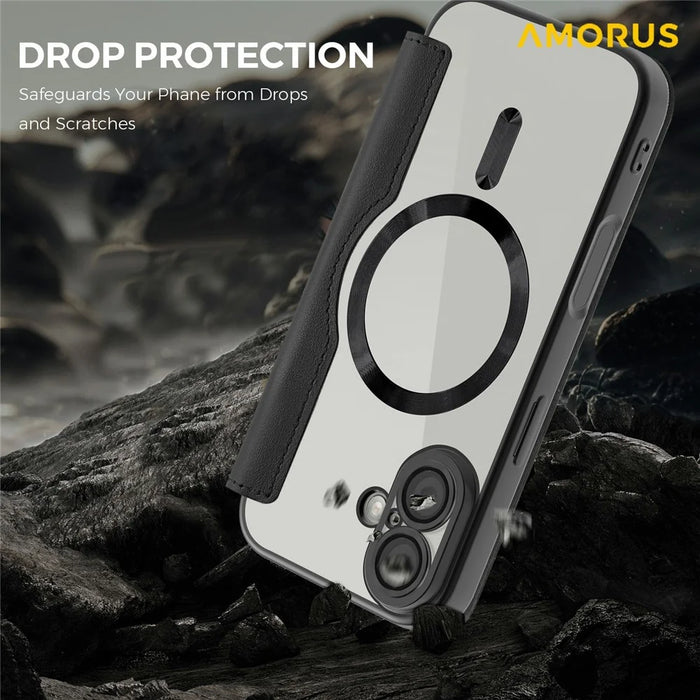 AMORUS For iPhone 17 Case Compatible with MagSafe RFID Blocking Card Holder Leather Phone Cover - Black - 5