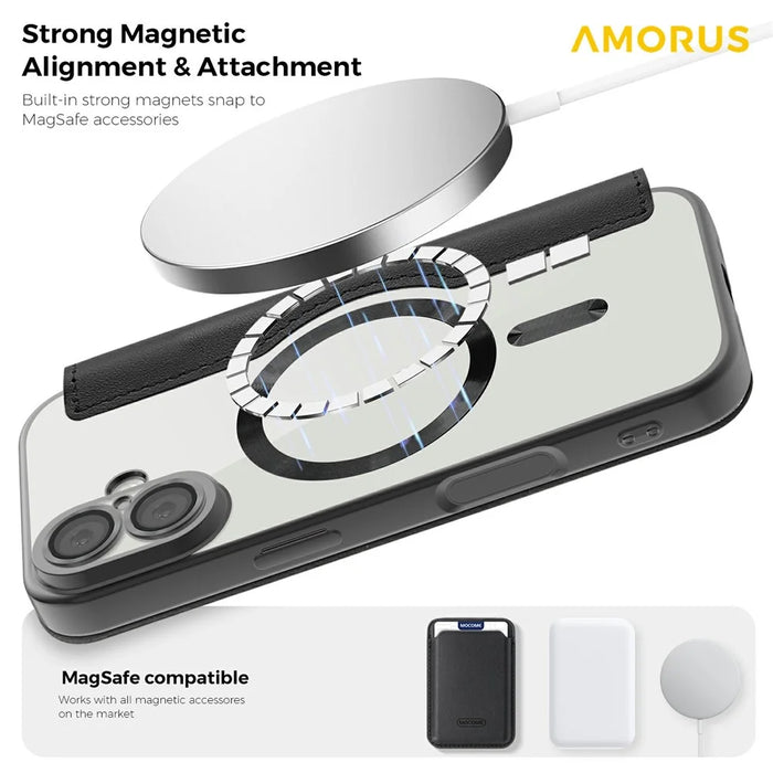 AMORUS For iPhone 17 Case Compatible with MagSafe RFID Blocking Card Holder Leather Phone Cover - Black - 7
