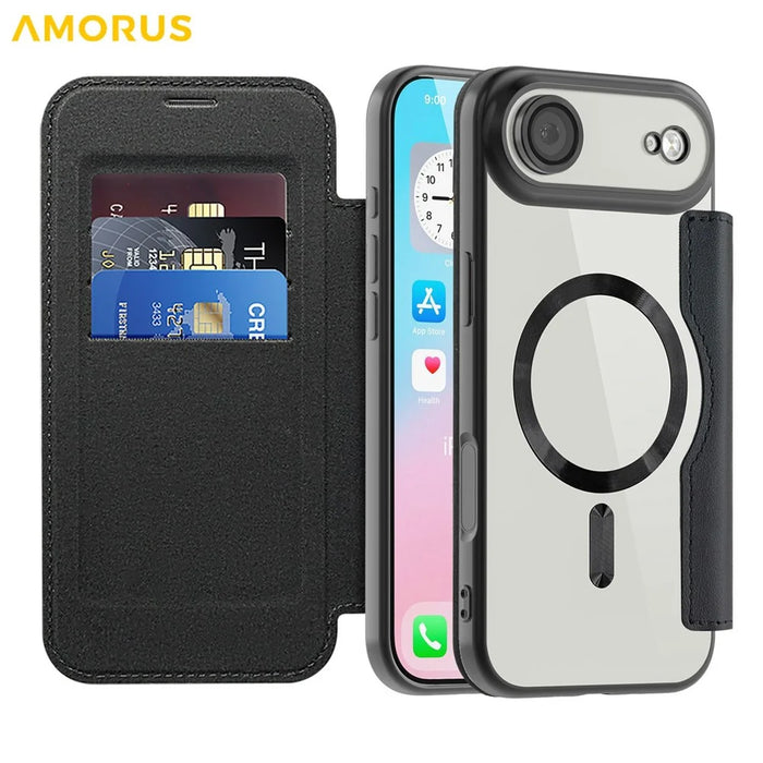 AMORUS For iPhone Air Case Compatible with MagSafe RFID Blocking Card Holder Leather Phone Cover - Black - 2