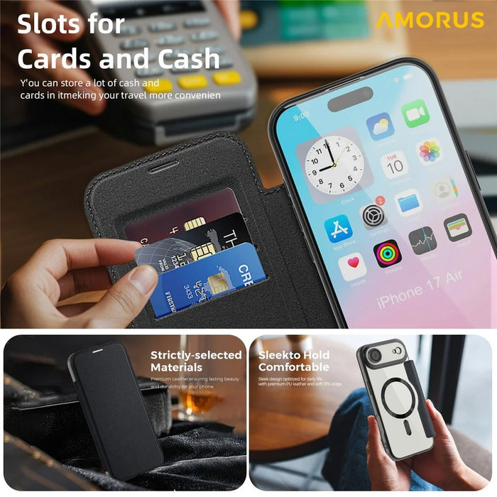 AMORUS For iPhone Air Case Compatible with MagSafe RFID Blocking Card Holder Leather Phone Cover - Black - 3