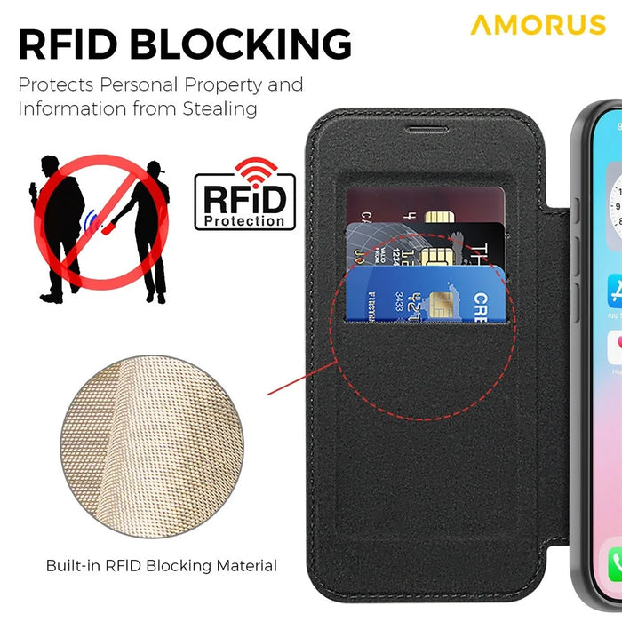 AMORUS For iPhone Air Case Compatible with MagSafe RFID Blocking Card Holder Leather Phone Cover - Black - 4