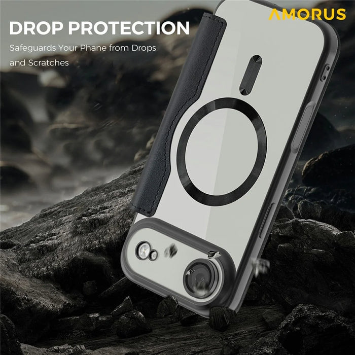 AMORUS For iPhone Air Case Compatible with MagSafe RFID Blocking Card Holder Leather Phone Cover - Black - 5