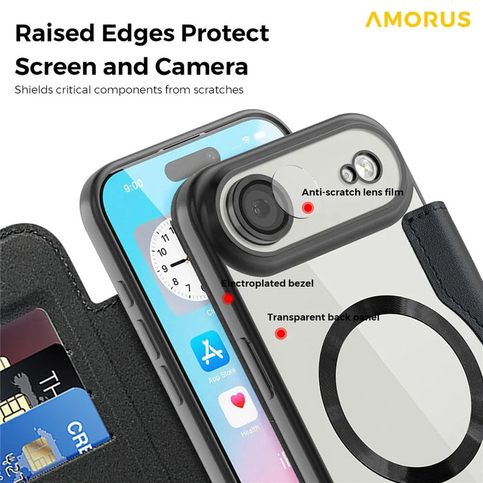 AMORUS For iPhone Air Case Compatible with MagSafe RFID Blocking Card Holder Leather Phone Cover - Black - 6